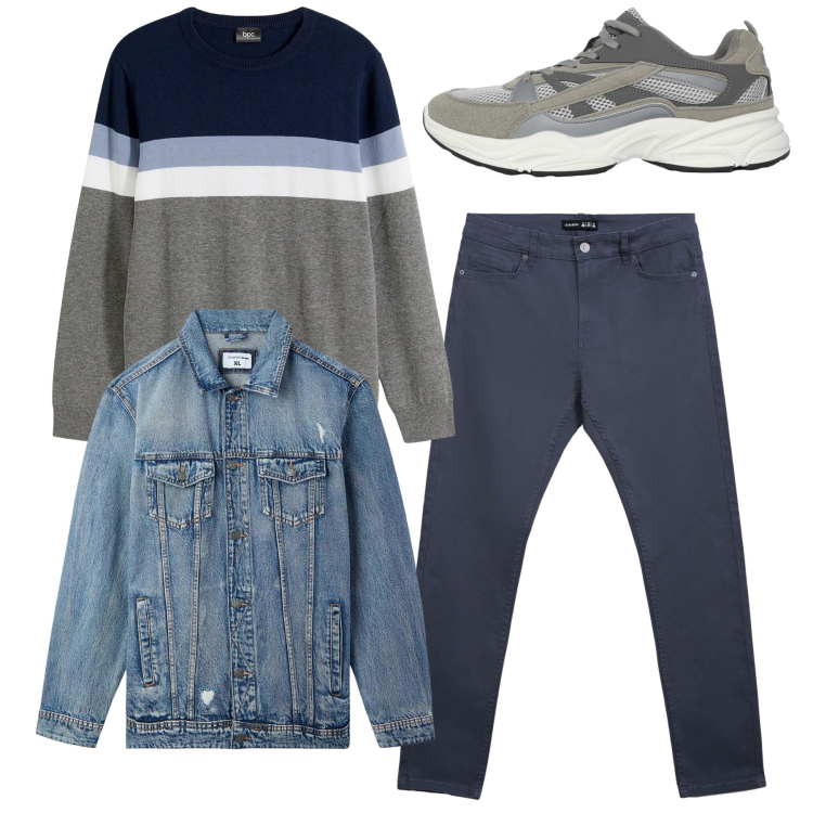 Outfit uomo - Total look. Stile Casual per Tutti i giorni. Abbinamento con maglieria, giacche, sneakers, pantaloni skinny.