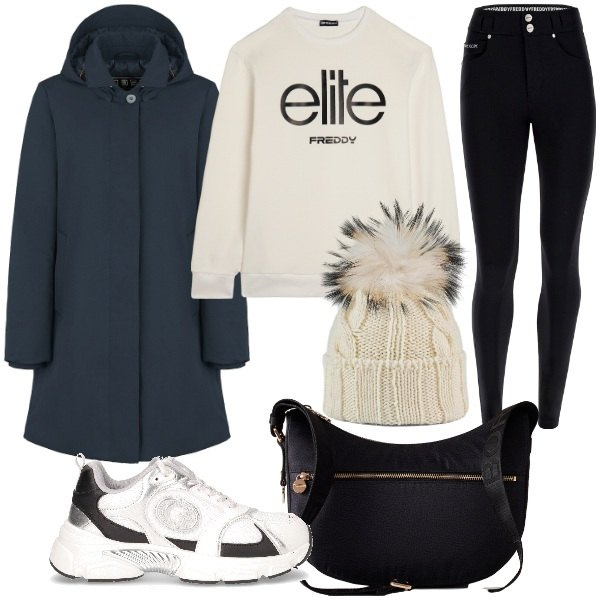 Outfit donna - Sporty-chic autunno 2025. Stile Sporty chic per Tutti i giorni. Abbinamento con borse a spalla, felpe, pantaloni skinny, eskimo, berretti, sneakers.