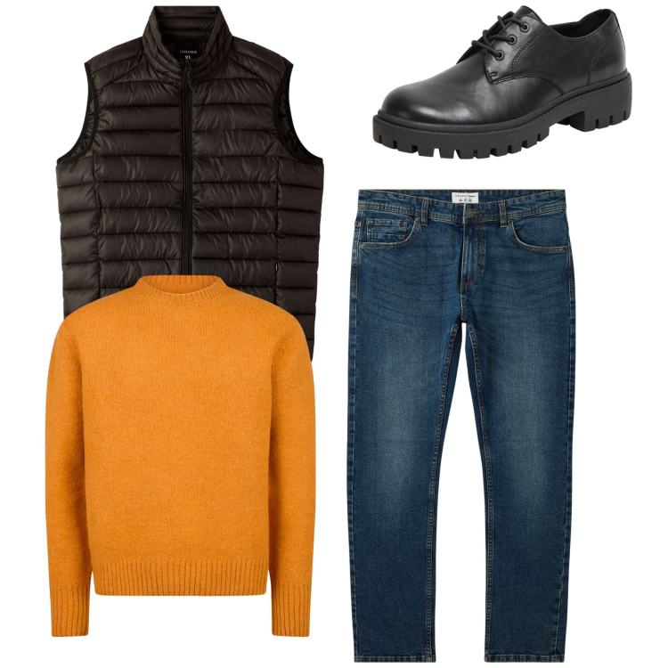 Outfit uomo - Total look. Stile Casual per Tutti i giorni. Abbinamento con jeans, scarpe stringate, piumini, maglieria.