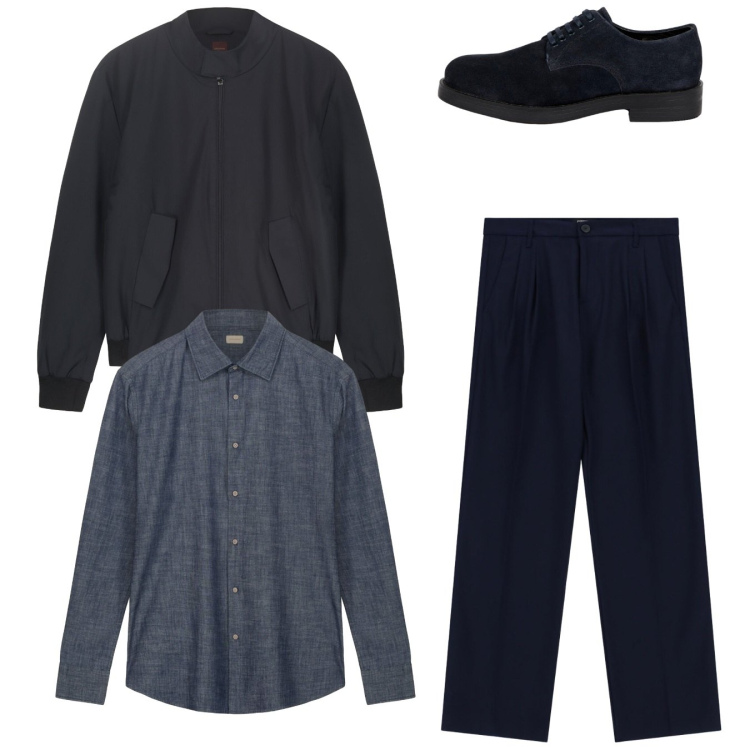 Outfit uomo - Total look. Stile Casual per Tutti i giorni. Abbinamento con pantaloni, scarpe stringate, camicie, bomber.