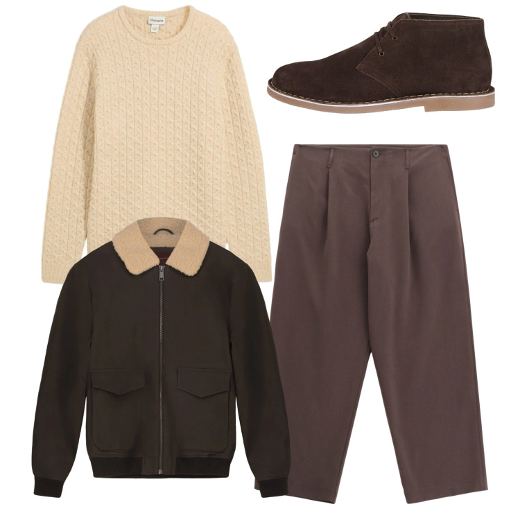 Outfit uomo - Total look. Stile Casual per Tutti i giorni. Abbinamento con maglieria, pantaloni, stivali e stivaletti, bomber.