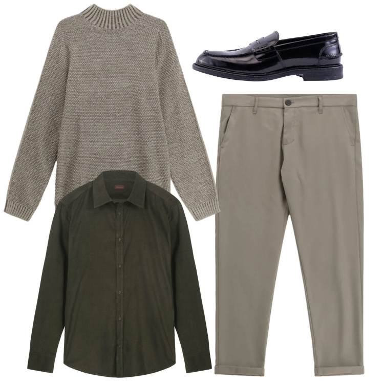 Outfit uomo - Tono su tono. Stile Trendy per Serata speciale. Abbinamento con pantaloni, maglieria, scarpe stringate, camicie.
