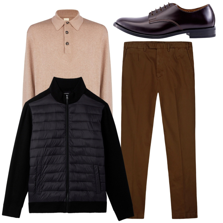 Outfit uomo - Total look. Stile Casual per Tutti i giorni. Abbinamento con piumini, polo, pantaloni, scarpe stringate.
