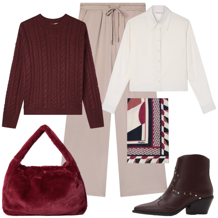 Outfit donna - Camicia e foulard. Stile Glamour per Tutti i giorni. Abbinamento con stivaletti texani, maglieria, camicie, pantaloni, borse a spalla, foulard.