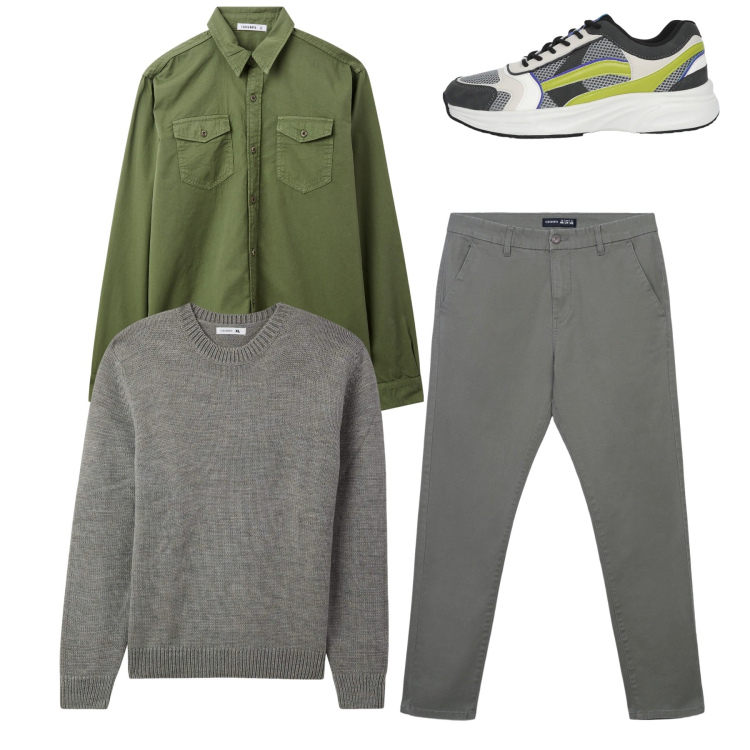 Outfit uomo - Total look. Stile Casual per Tutti i giorni. Abbinamento con camicie, pantaloni chino, sneakers, maglieria.