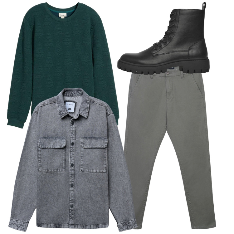 Outfit uomo - Total look. Stile Casual per Tutti i giorni. Abbinamento con felpe, anfibi, pantaloni chino, cappotti.