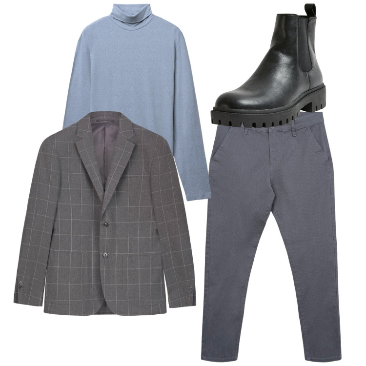 Outfit uomo - Con la giacca. Stile Trendy per Serata speciale. Abbinamento con stivali e stivaletti, pantaloni chino, t-shirt, giacche.