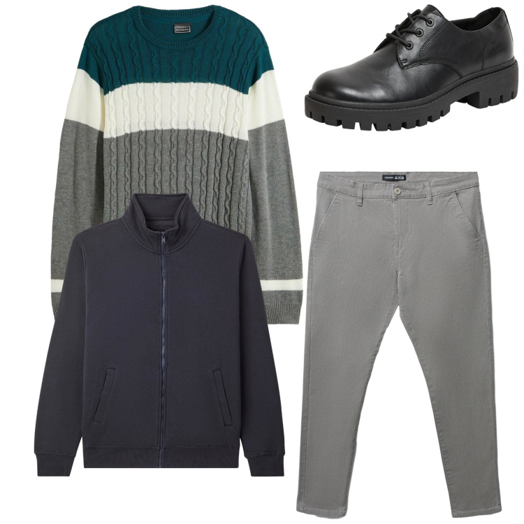 Outfit uomo - Total look. Stile Casual per Tutti i giorni. Abbinamento con maglieria, scarpe stringate, pantaloni chino, giacche.