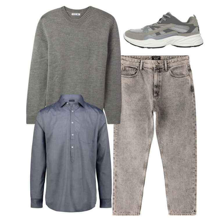 Outfit uomo - Grigio. Stile Casual per Tutti i giorni. Abbinamento con sneakers, jeans dritti, maglieria, camicie.