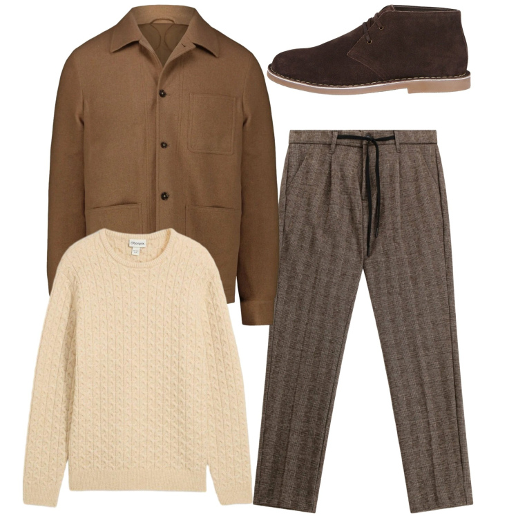 Outfit uomo - Marrone. Stile Casual per Tutti i giorni. Abbinamento con maglieria, pantaloni, stivali e stivaletti, cappotti.