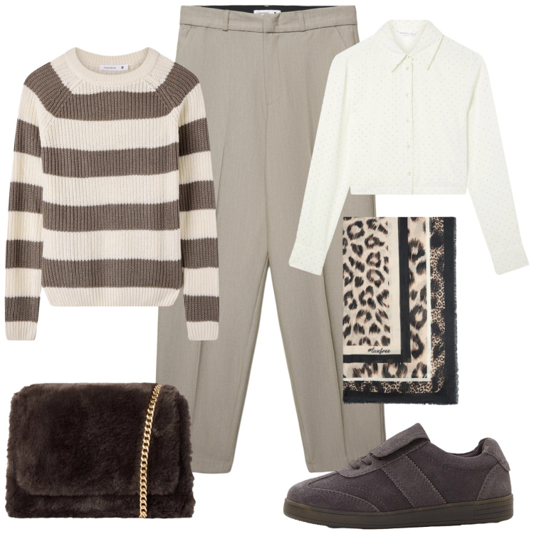 Outfit donna - Camicia e foulard. Stile Casual chic per Ufficio. Abbinamento con sneakers, pantaloni chino, maglieria, camicie, borse a tracolla, foulard.