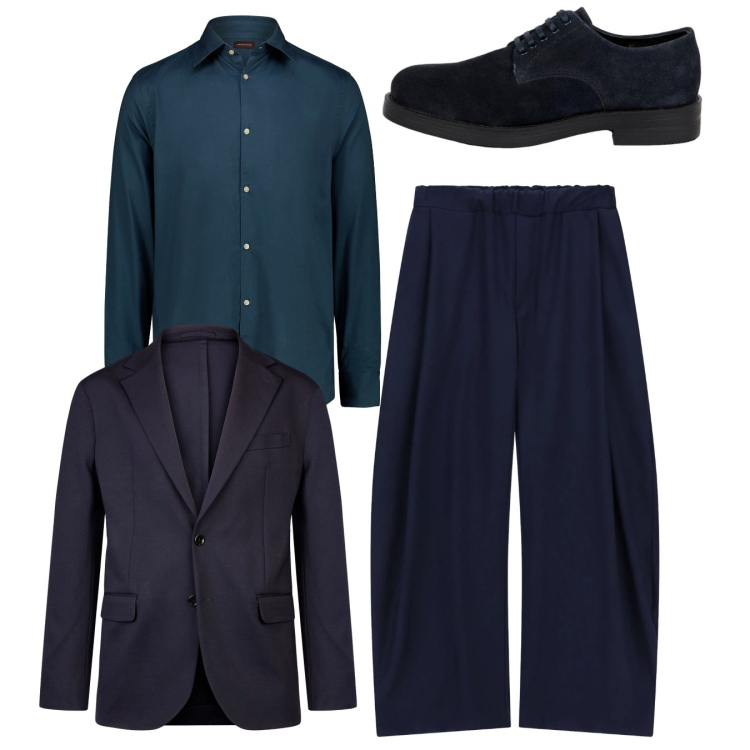 Outfit uomo - Total blue. Stile Casual per Tutti i giorni. Abbinamento con pantaloni, giacche, scarpe stringate, camicie.