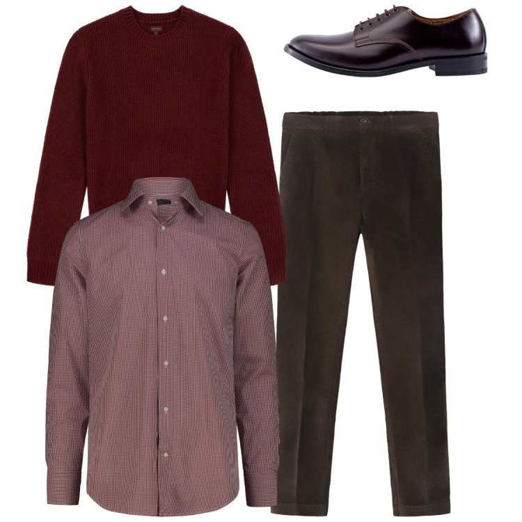 Outfit uomo - Total bordeaux. Stile Casual per Serata speciale. Abbinamento con scarpe stringate, camicie, pantaloni, maglieria.