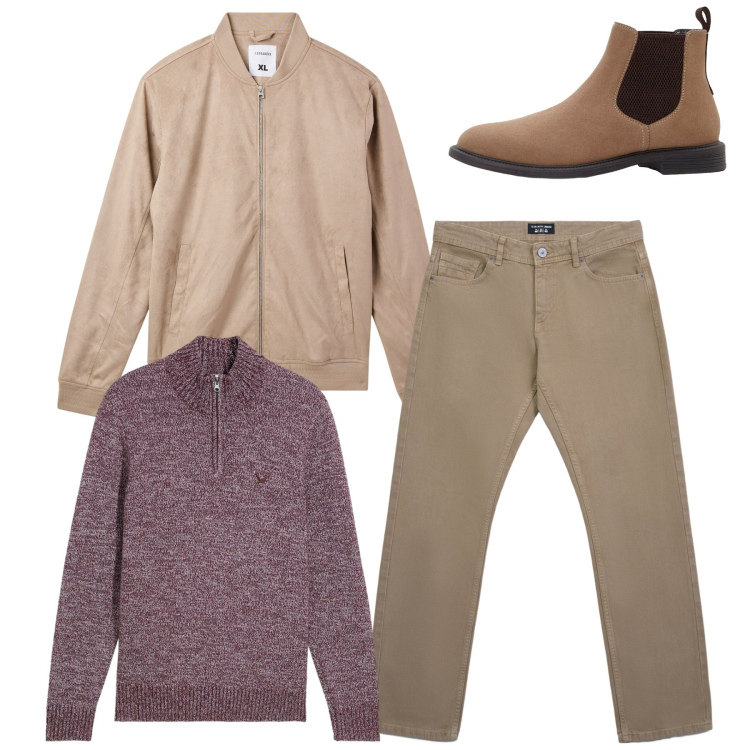 Outfit uomo - Total look. Stile Casual per Tutti i giorni. Abbinamento con maglieria, stivali e stivaletti, bomber, jeans.