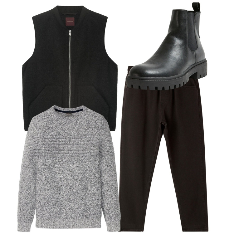 Outfit uomo - Total look. Stile Urban per Tutti i giorni. Abbinamento con maglieria, stivali e stivaletti, pantaloni, piumini.