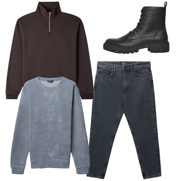 Outfit uomo - Total look. Stile Casual per Tutti i giorni. Abbinamento con jeans strappati, maglieria, anfibi, felpe.