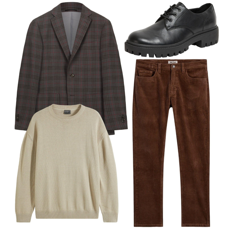 Outfit uomo - Total look con giacca. Stile Casual per Tutti i giorni. Abbinamento con pantaloni, maglieria, scarpe stringate, giacche.