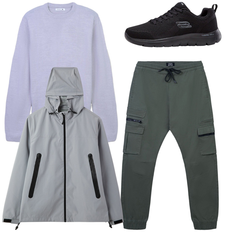 Outfit uomo - Total look. Stile Casual per Tutti i giorni. Abbinamento con sneakers, giacche, pantaloni cargo, maglieria.