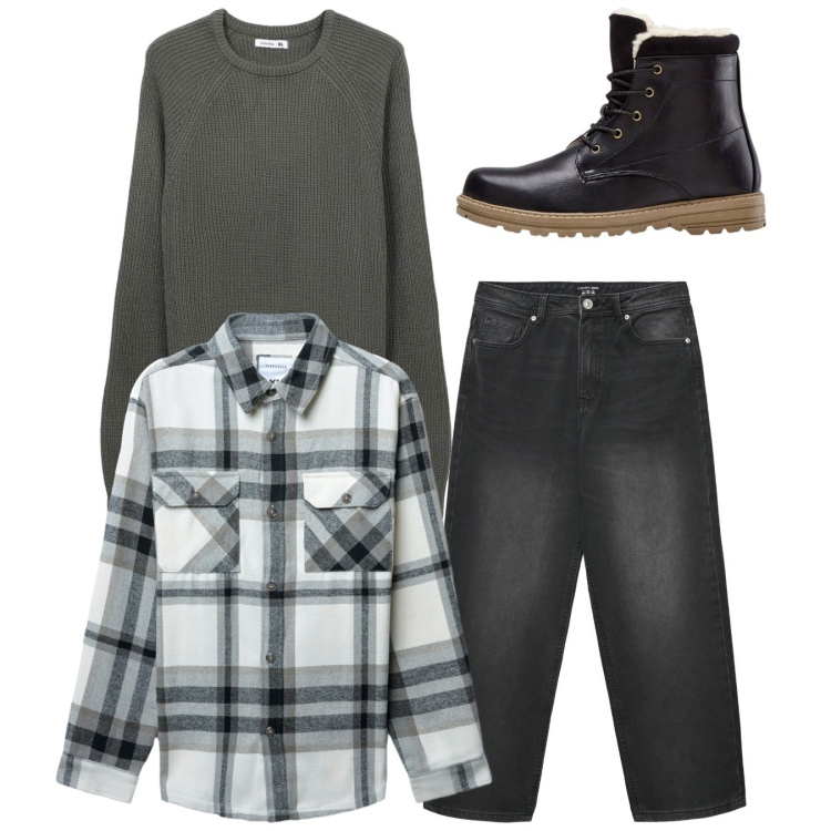 Outfit uomo - Total cold. Stile Casual per Tutti i giorni. Abbinamento con stivali e stivaletti, cappotti, maglieria, jeans dritti.