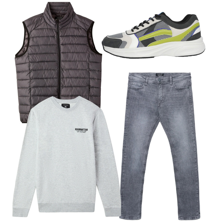Outfit uomo - Total look. Stile Casual per Tutti i giorni. Abbinamento con felpe, piumini, jeans skinny, sneakers.