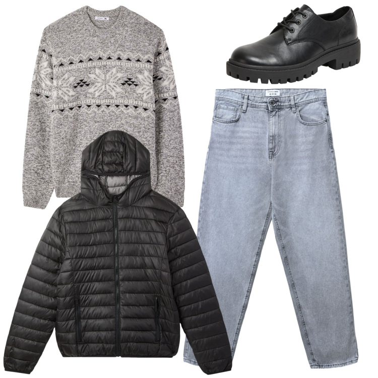 Outfit uomo - Total look. Stile Casual per Tutti i giorni. Abbinamento con scarpe stringate, jeans, maglieria, piumini.