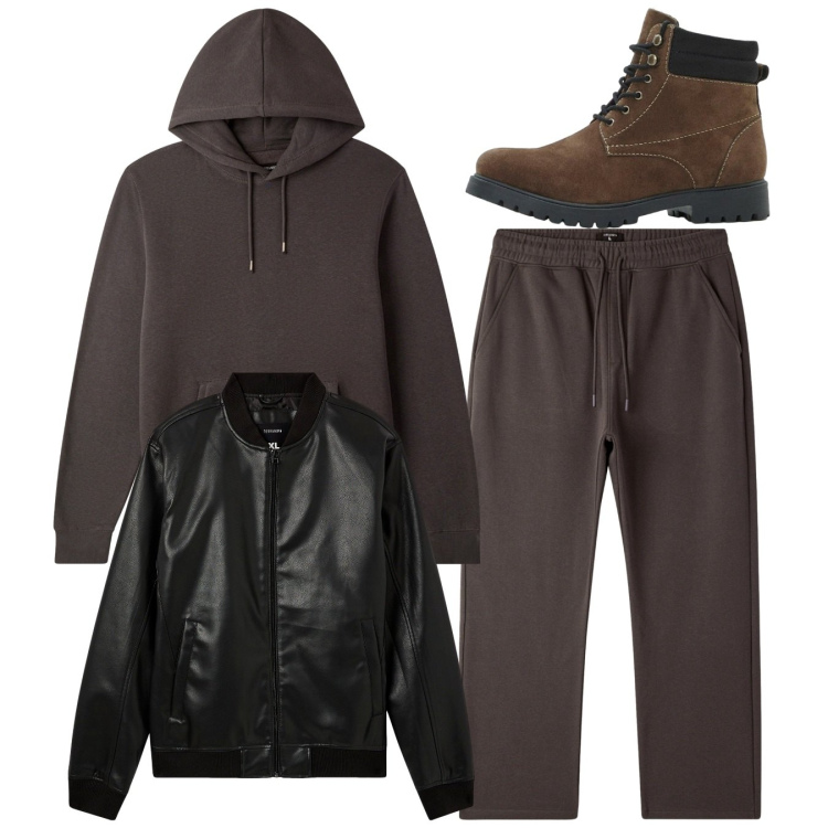 Outfit uomo - Total sporty. Stile Casual per Tutti i giorni. Abbinamento con stivali e stivaletti, bomber, felpe con cappuccio, pantaloni.