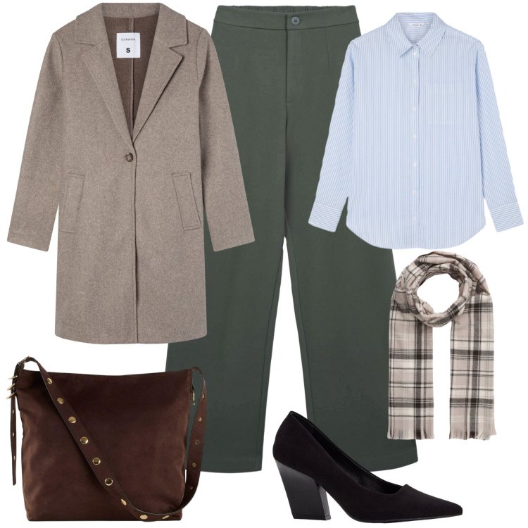 Outfit donna - Curvy e petite. Stile Glamour per Tutti i giorni. look ideale per Petite. Abbinamento con shopping bag, décolleté, cappotti, pantaloni, sciarpe, camicie.