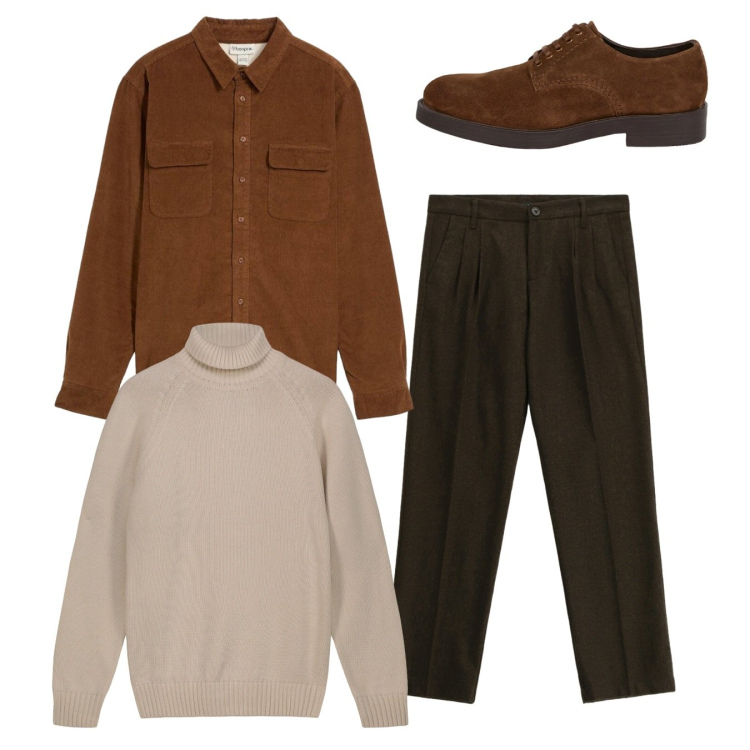Outfit uomo - Marroni. Stile Casual per Tutti i giorni. Abbinamento con camicie, pantaloni, scarpe stringate, pullovers.