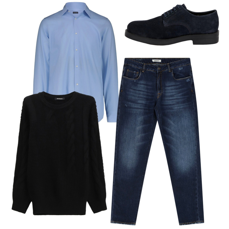 Outfit uomo - Total look. Stile Casual per Tutti i giorni. Abbinamento con jeans dritti, maglieria, scarpe stringate, camicie.