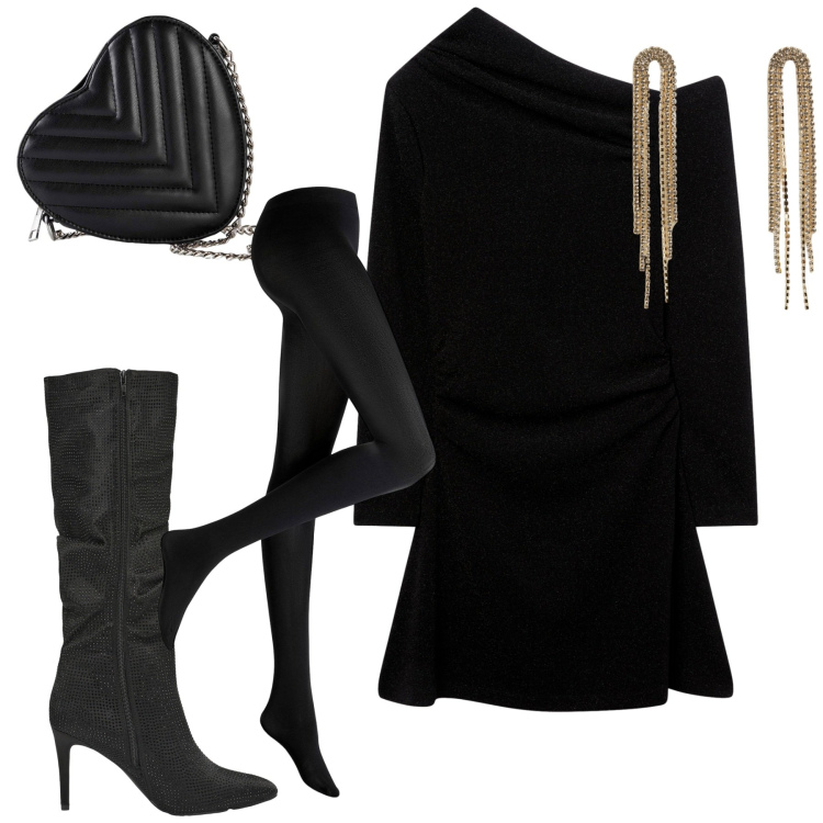 Outfit donna - Serata luccicante. Stile Chic per Serata fuori. Abbinamento con collant, borse a tracolla, stivali, orecchini, vestiti asimmetrici.