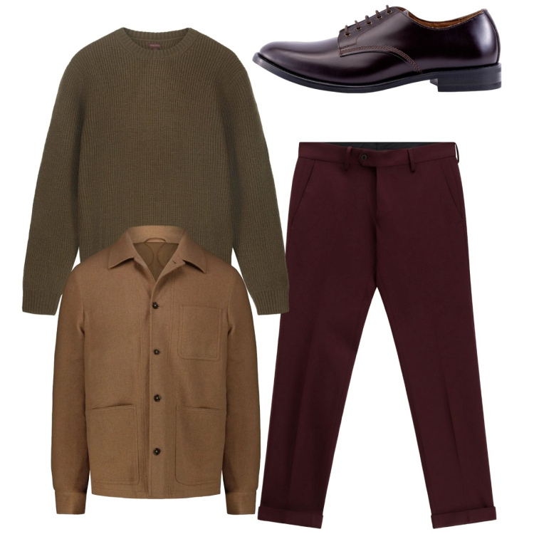 Outfit uomo - Total look. Stile Casual per Serata speciale. Abbinamento con pantaloni, scarpe stringate, cappotti, maglieria.