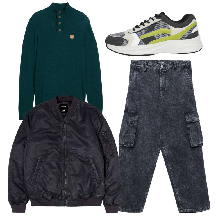 Outfit uomo - Urban. Stile Urban per Tutti i giorni. Abbinamento con maglieria, bomber, sneakers, jeans.