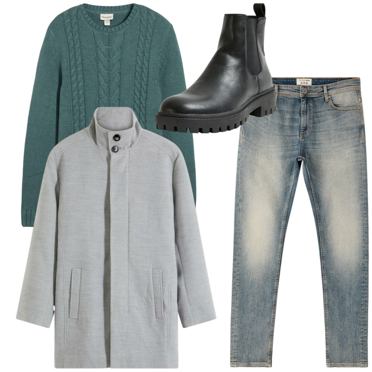 Outfit uomo - Total look. Stile Casual per Tutti i giorni. Abbinamento con cappotti, maglieria, stivali e stivaletti, jeans skinny.