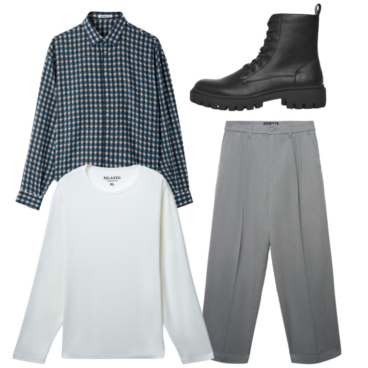 Outfit uomo - Total look. Stile Trendy per Tutti i giorni. Abbinamento con anfibi, camicie, t-shirt, pantaloni.