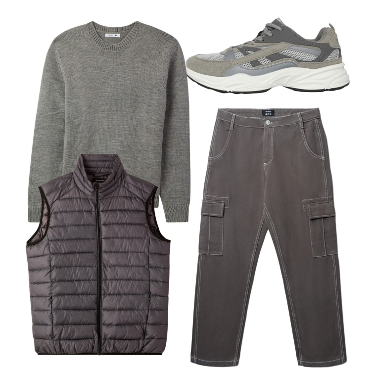 Outfit uomo - Total grey. Stile Casual per Tutti i giorni. Abbinamento con sneakers, pantaloni cargo, piumini, maglieria.