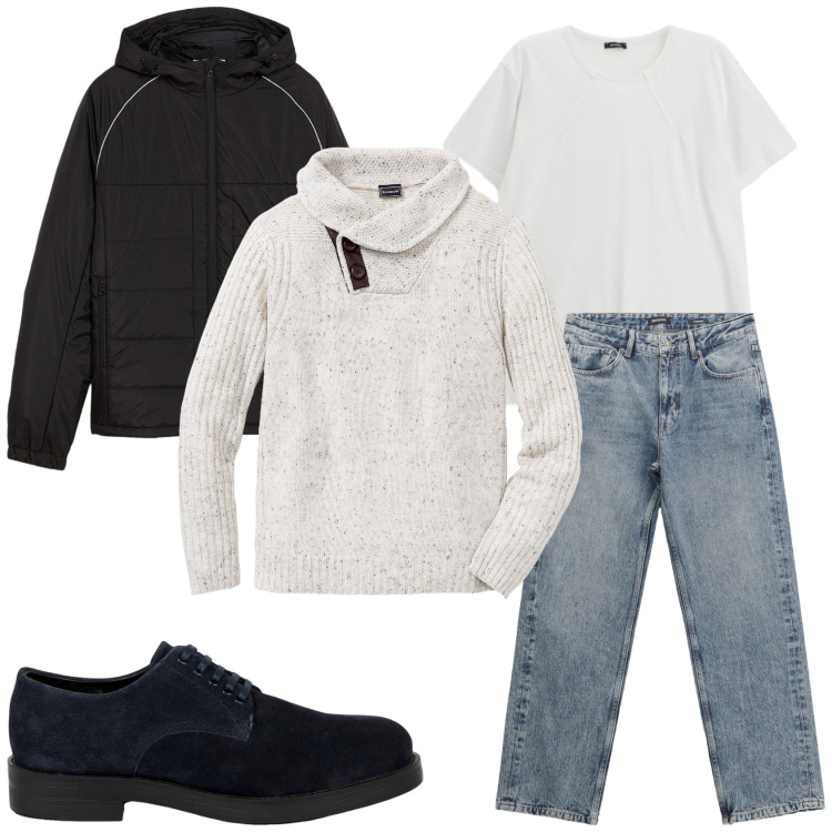 Outfit uomo - La domenica in inverno. Stile Urban per Tutti i giorni. Abbinamento con giacche, maglieria, jeans dritti, t-shirt, scarpe stringate.