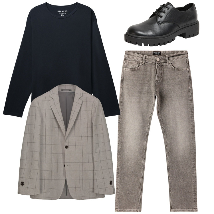 Outfit uomo - Total look. Stile Casual per Tutti i giorni. Abbinamento con scarpe stringate, jeans, t-shirt, giacche.