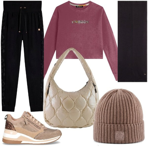 Outfit donna - Autunno Sporty chic. Stile Sporty chic per Tutti i giorni. Abbinamento con felpe, pantaloni, sciarpe, borse tote, berretti, sneakers alte.