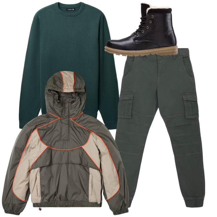 Outfit uomo - Total look. Stile Casual per Tutti i giorni. Abbinamento con stivali e stivaletti, giacche, pantaloni cargo, maglieria.