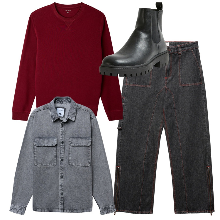 Outfit uomo - Red pull. Stile Casual per Tutti i giorni. Abbinamento con stivali e stivaletti, felpe, cappotti, jeans dritti.