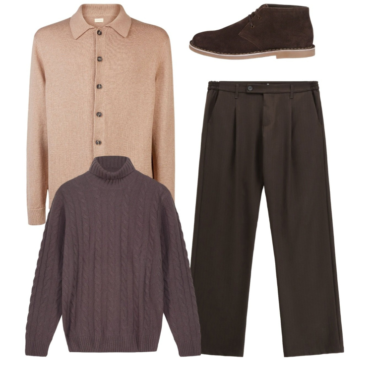 Outfit uomo - Total look. Stile Casual per Tutti i giorni. Abbinamento con pantaloni, stivali e stivaletti, polo, maglieria.