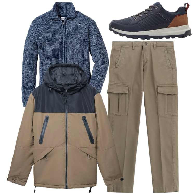 Outfit uomo - Total look. Stile Casual per Tutti i giorni. Abbinamento con cardigans, sneakers, bomber, pantaloni cargo.