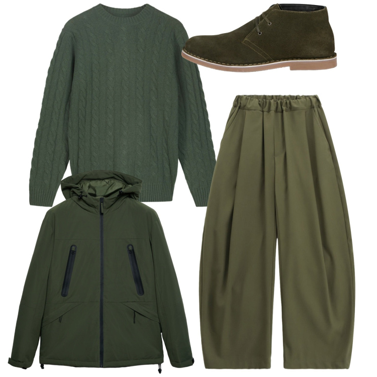 Outfit uomo - Total green. Stile Trendy per Tutti i giorni. Abbinamento con giacche, pantaloni, stivali e stivaletti, maglieria.