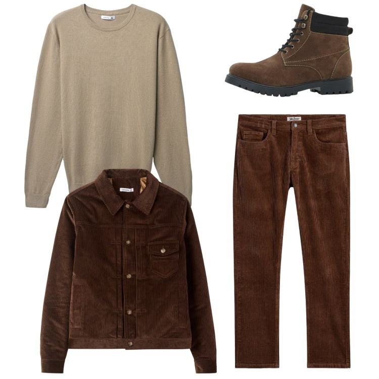 Outfit uomo - Cannella. Stile Casual per Tutti i giorni. Abbinamento con pantaloni, stivali e stivaletti, maglieria, cappotti.