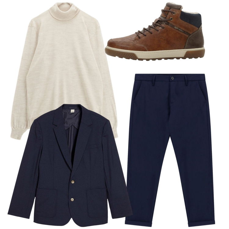 Outfit uomo - Maglione a collo alto. Stile Casual per Tutti i giorni. Abbinamento con giacche, sneakers alte, pantaloni, maglieria.