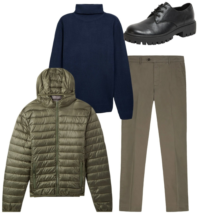 Outfit uomo - Maglione a collo alto. Stile Casual per Tutti i giorni. Abbinamento con scarpe stringate, maglieria, piumini, pantaloni chino.