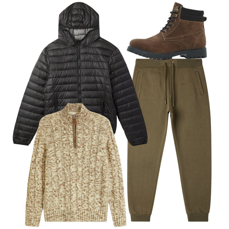 Outfit uomo - Passeggiata sotto la pioggia. Stile Casual per Tutti i giorni. Abbinamento con maglieria, stivali e stivaletti, pantaloni, piumini.