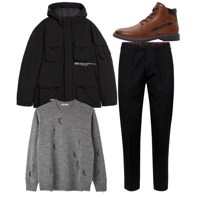 Outfit uomo - Passeggiata sotto la pioggia. Stile Casual per Tutti i giorni. Abbinamento con anfibi, piumini, maglieria, pantaloni.