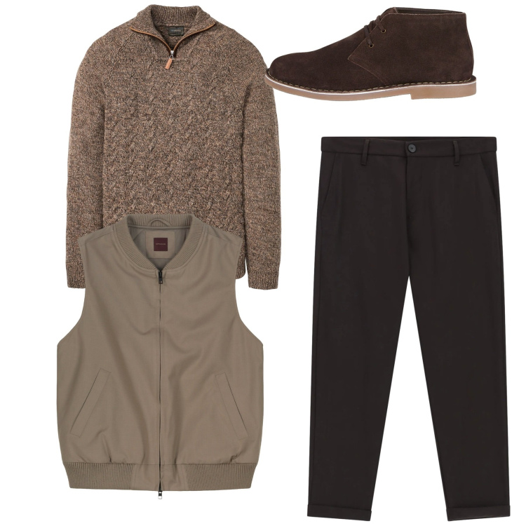 Outfit uomo - Stile da viaggio. Stile Casual per Tutti i giorni. Abbinamento con maglieria, pantaloni, stivali e stivaletti, piumini.