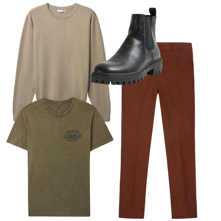 Outfit uomo - Total casual. Stile Casual per Tutti i giorni. Abbinamento con stivali e stivaletti, t-shirt, maglieria, pantaloni chino.